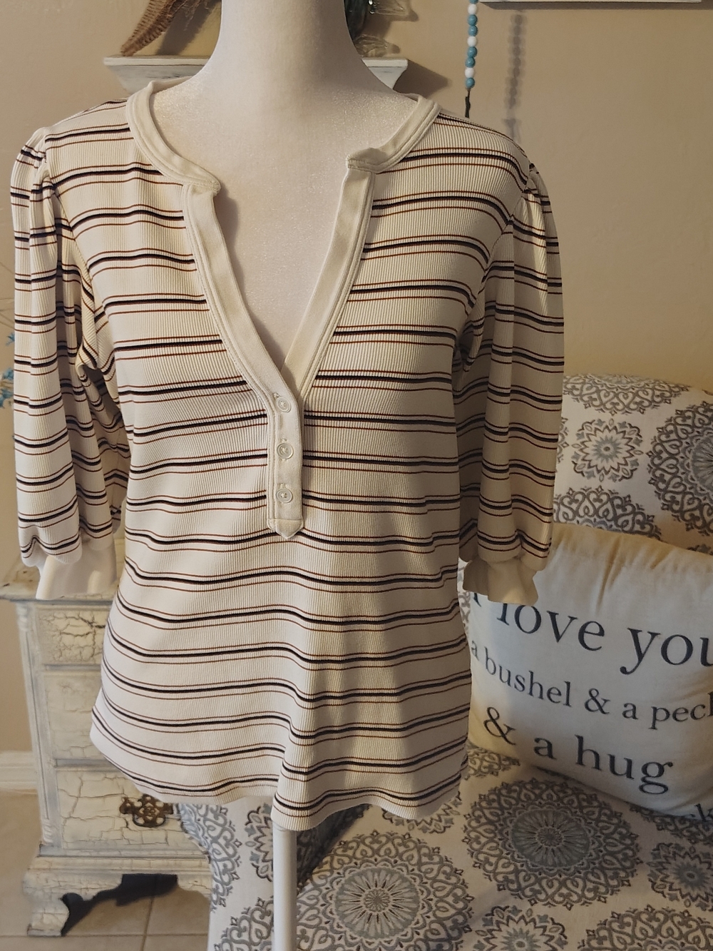 Veronica Beard Cream Top with Brown and Black Stripes - Picture 2 of 9